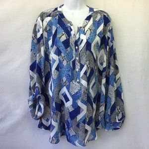 Alfred Dunner Women's Top Blue Gray V Neck Roll Tab Sleeve Blouse Tunic Size 18